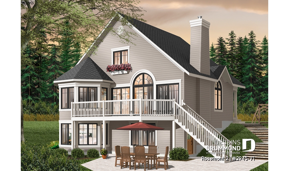 Vue arrière - MODÈLE DE BASE - Plan de chalet 3 chambres, 2 salles de bain, mezzanine, foyer, aire ouverte, sous-sol rez-de-jardin non-fini - Rosemont 2