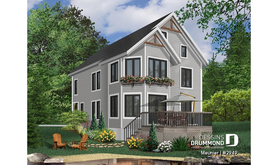 Version couleur no. 2 - Vue arrière - Plan de cottage de 3 chambres, style Cape Cod, fenestration abondant, grande chambre des parents - Meunier