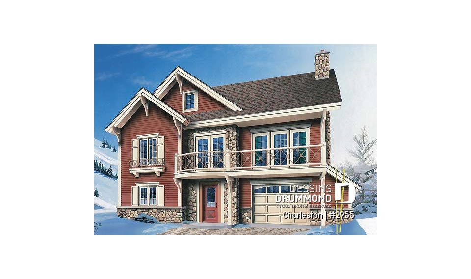 Vue avant - MODÈLE DE BASE - Plan de chalet de ski, plancher inversé avec chambre au sous-sol et espace commun au rez-de-chaussée - Charleston