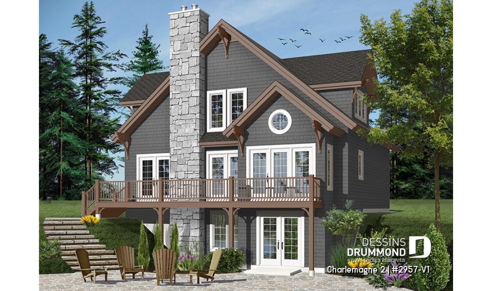 Version couleur no. 2 - Vue arrière - Plan de chalet avec grande terrasse, 3 à 4 chambres, espace ouvert, foyer, style chalet bord de l'eau - Charlemagne 2