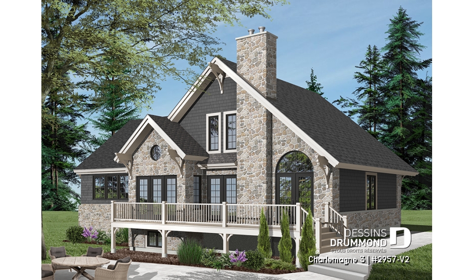 Version couleur no. 3 - Vue arrière - Plan de maison chalet 3 à 4 chambres, chambre parents au premier avec salle de bain privée, foyer - Charlemagne 3