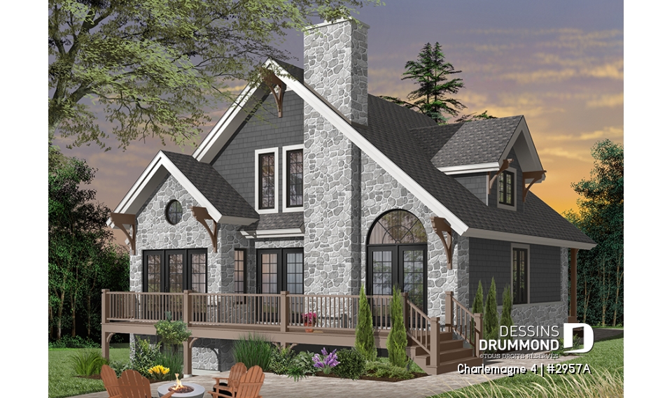 Vue arrière - MODÈLE DE BASE - Plan de chalet rustique, 3 chambres, plafond cathédrale, foyer, grand balcon arrière, mezzanine - Charlemagne 4