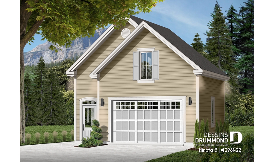 Vue avant - MODÈLE DE BASE - Plan de garage simple à l'Américaine avec espace boni de rangement accessible par des escaliers - Hinata 3