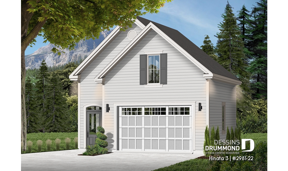 Vue avant - MODÈLE DE BASE - Plan de garage simple à l'Américaine avec espace boni de rangement accessible par des escaliers - Hinata 3