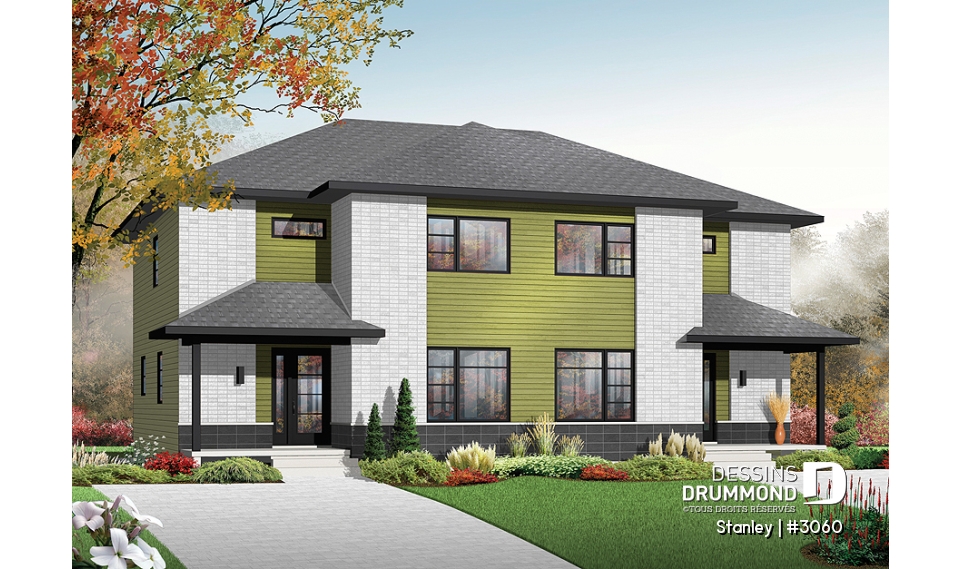 Vue avant - MODÈLE DE BASE - Plan de semi-détaché urbain, 3 chambres et 1.5 salles de bain par unité - Stanley