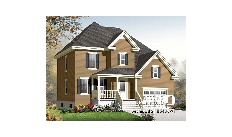 Vue avant - MODÈLE DE BASE - Plan de maison d'un modèle champêtre, 3 chambres, espace boni pour chambre #4 ou bureau - Archibald 2