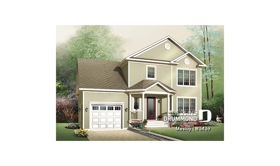 Vue avant - MODÈLE DE BASE - Plan de maison udgétaire, à étage, 3 grandes chambres, garage simple avec accès au sous-sol - Meslay