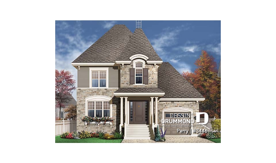 Vue avant - MODÈLE DE BASE - Plan de maison style manoir, pour terrain étroit, 3 chambres, garage et coin déjeuner - Perry