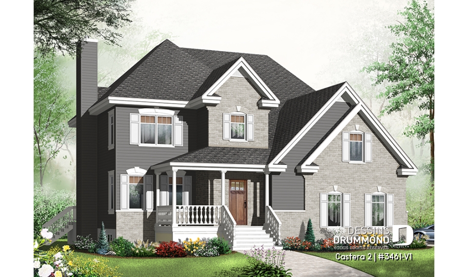 Vue avant - MODÈLE DE BASE - Plan de maison avec 4 chambres sur même plancher, salon &amp; salle familiale, bureau à domicile, garage double - Castera 2