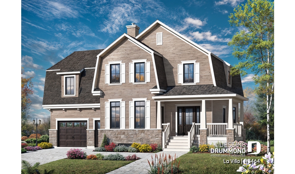 Vue avant - MODÈLE DE BASE - Plan de maison de style Grange moderne, 5 chambres à l'étage, 2.5 s. de bain, garage, vestibule, garde-manger - La Villa