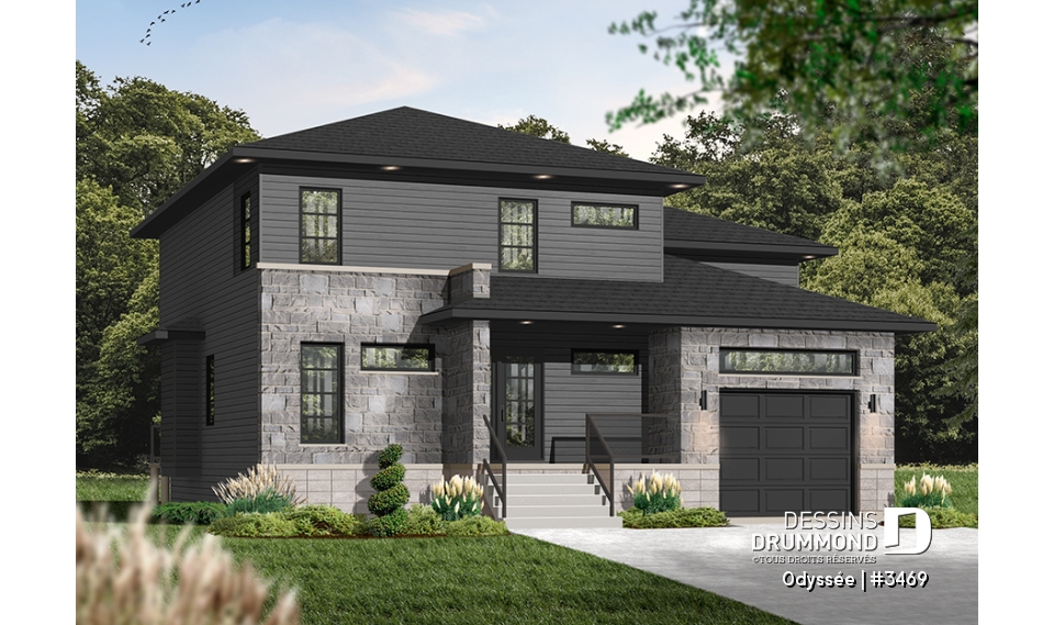 Version couleur no. 2 - Vue avant - Plan de maison contemporaine, 3 à 4 chambres + bureau, avec garage, îlot, foyer, buanderie rez-de-chaussée - Odyssée