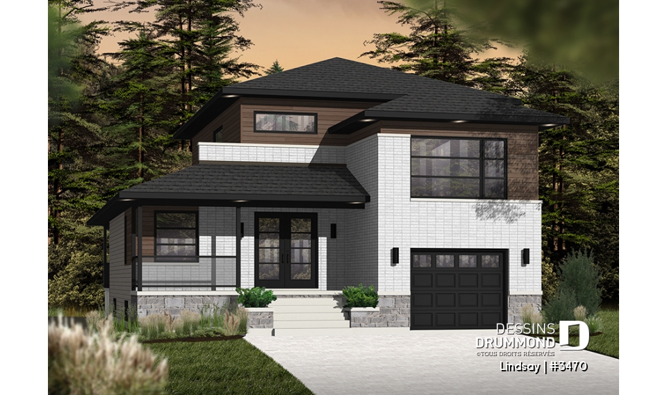 Vue avant - MODÈLE DE BASE - Plan modèle contemporain, 3 à 4 chambres, bureau, foyer, îlot à la cuisine, balcon arrière couvert, garage - Lindsay