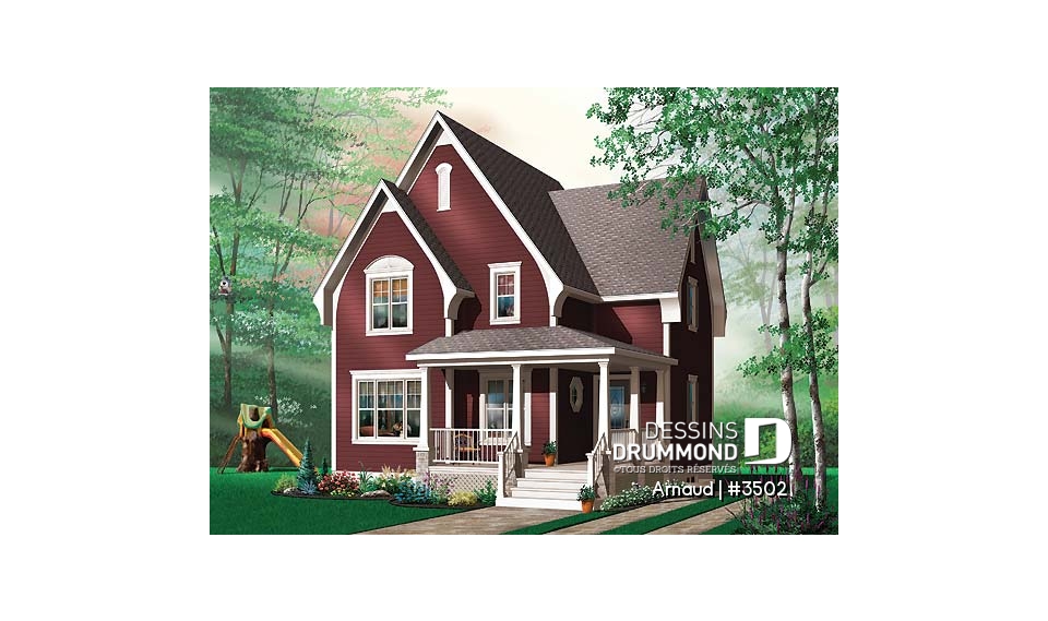 Vue avant - MODÈLE DE BASE - Plan de maison Tudor abordable, 2 chambres, aire ouverte, salle de lavage au premier, walk-in - Arnaud