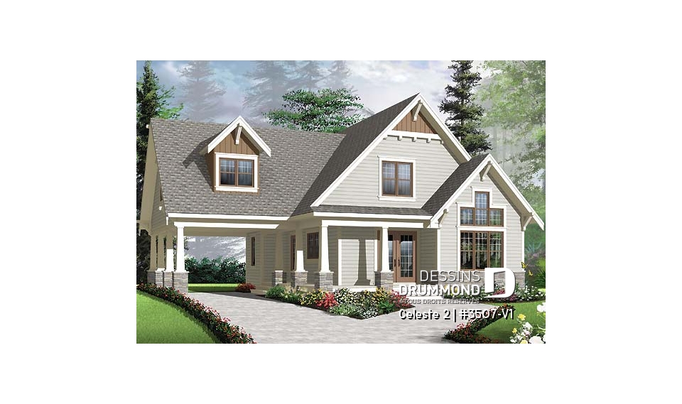 Vue avant - MODÈLE DE BASE - Chalet ou maison champêtre, 2 à 4 chambres, carport, mezzanine, cathédral, espace boni à aménager - Celeste 2