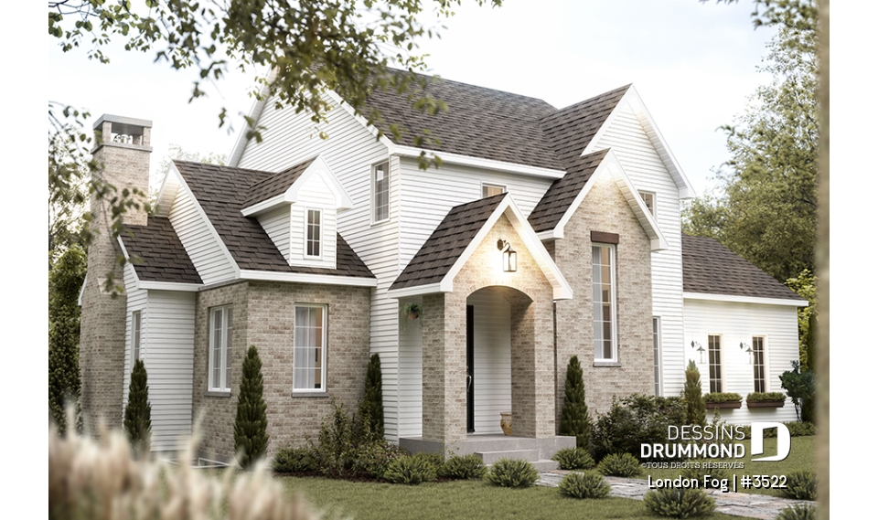 Vue avant - MODÈLE DE BASE - Maison à étage d'inspiration English Cottage, 4 chambres, espace aménageable au-dessus du garage - London Fog