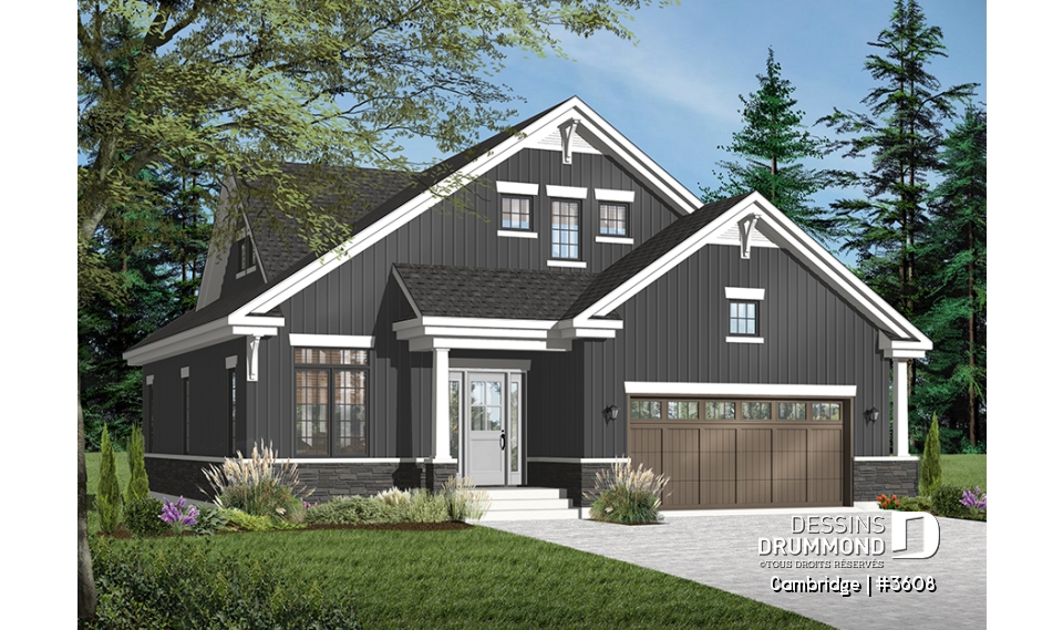 Version couleur no. 4 - Vue avant - Plan de Maison 4-5 chambres, garage deux voitures, grande terrasse couverte à l'arrière, chambre parents r-d-c - Cambridge
