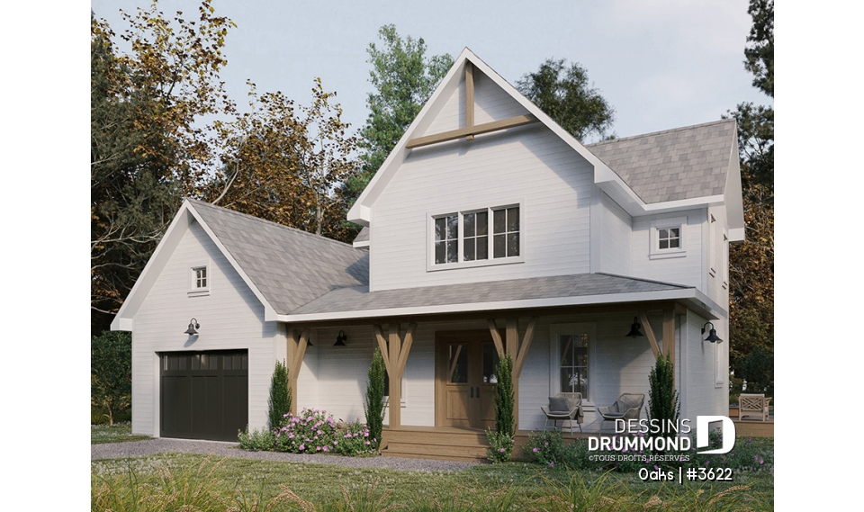 Vue avant - MODÈLE DE BASE - Plan de maison champêtre lumineuse avec plafond cathédrale, suite parentale et accents rustiques. - Oaks