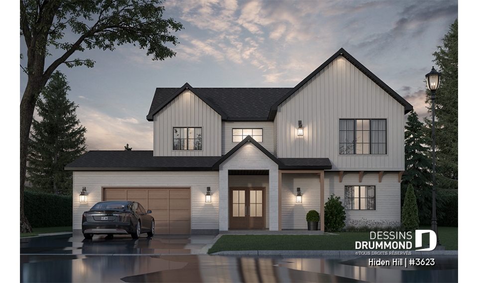 Vue avant - MODÈLE DE BASE - Farmhouse moderne à étage avec garage double, 3 chambres, superbe lumière naturelle à la salle de séjour - Hiden Hill