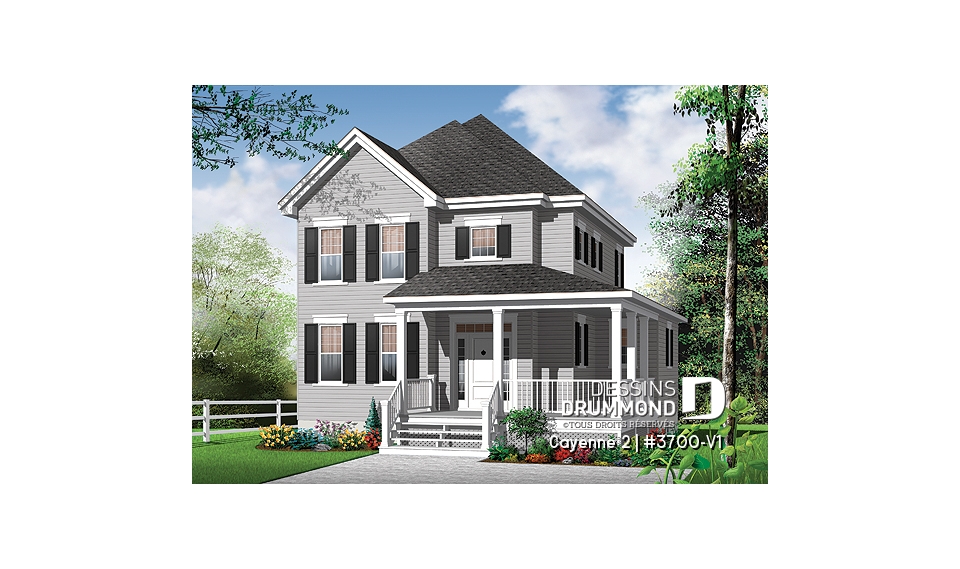 Vue avant - MODÈLE DE BASE - Modèle de maison à 2 étages, style champêtre, beau balcon, foyer, bureau à domicile, 3 chambres - Cayenne 2