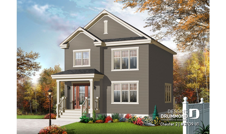 Vue avant - MODÈLE DE BASE - Plan de maison idéale pour terrain étroit, 2 étages, 3 chambres, petit bar à café, grande s.bain familiale - Chester 2