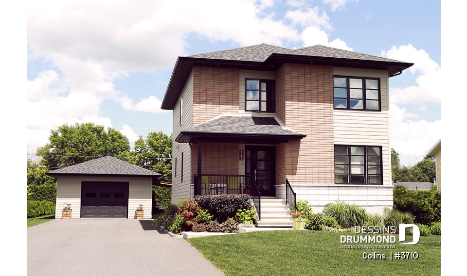 Vue avant - MODÈLE DE BASE - Plan maison contemporaine 3 chambres, grande cuisine avec garde-manger, buanderie au r-d-c, chute à linge - Collins 