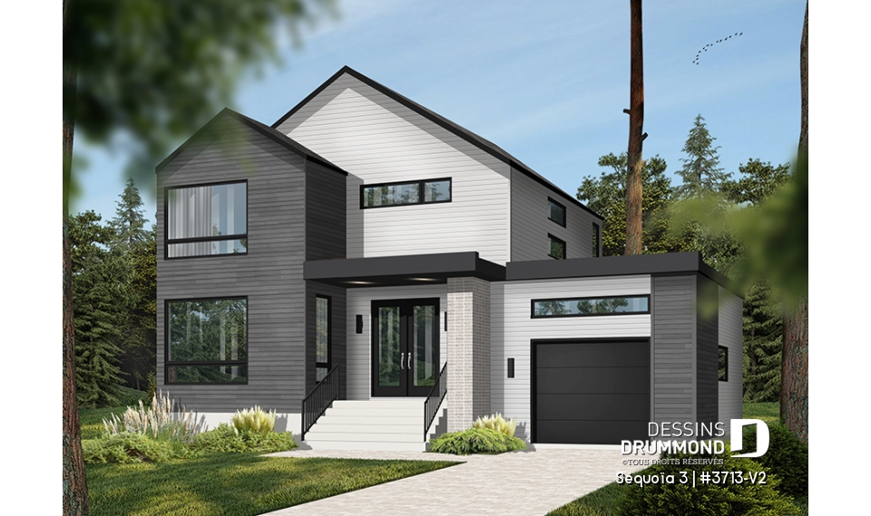 Version couleur no. 2 - Vue avant - Plan de maison moderne scandinave, 3 chambres, garage, garde-manger, vestiaire, buanderie à l'étage - Séquoïa 3
