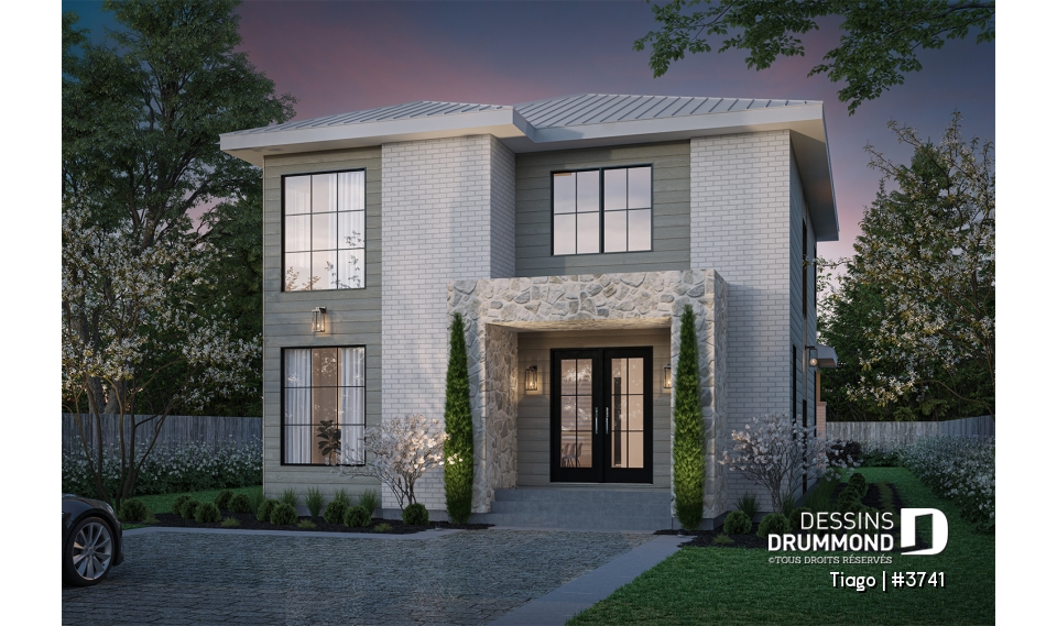 Vue avant - MODÈLE DE BASE - Plan maison moderne 3 à 5 chambres, bureau, 2.5 sdb, suite des parents à l'étage, s-sol aménagé optionnel ($) - Tiago