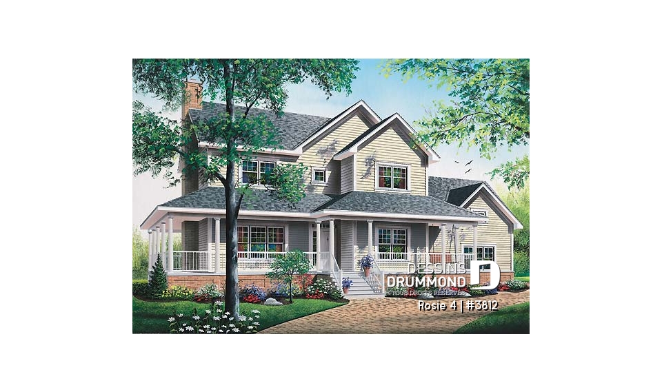 Vue avant - MODÈLE DE BASE - Plan de maison champêtre américaine, 3 à 4 chambres, balcon arrière habrité, bureau - Rosie 4