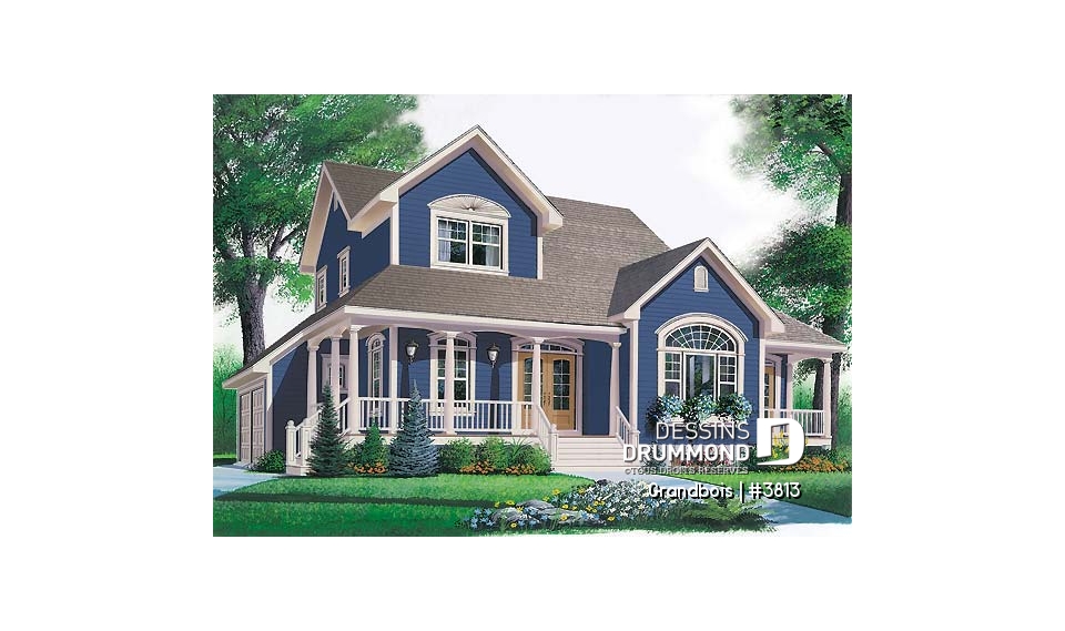 Vue avant - MODÈLE DE BASE - Plan de maison de campagne, 3 chambres, bureau à domicile, foyer au salon, 2 salles de séjour, garage double - Grandbois