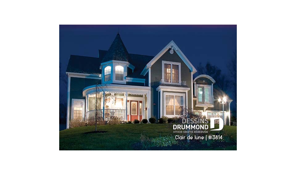 Vue avant - MODÈLE DE BASE - Plan de maison victorienne, 3 à 4 chambres, salon et salle familiale séparée, espace boni au-dessus du garage - Clair de lune