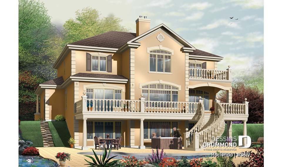 Vue arrière - MODÈLE DE BASE - Plan de maison style espagnol, 4 chambres, 4 salles de bain, 2 foyer, garage double, superbes terrasses - Hacienda