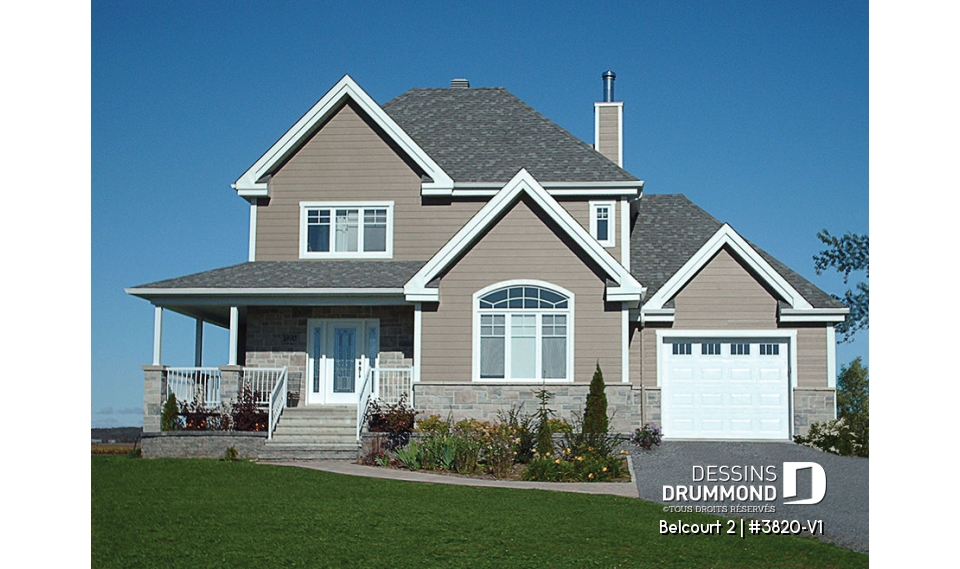 Vue avant - MODÈLE DE BASE - Plan de maison de campagne avec garage, grand portique d'entrée avec garde-robe, 3 chambres, 2 salles de bain - Belcourt 2