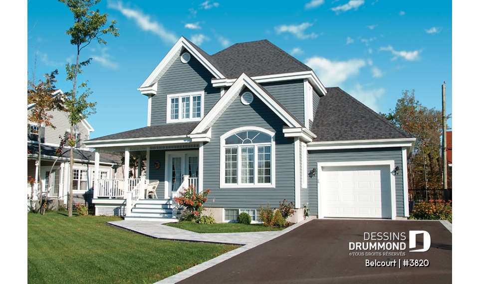 Vue avant - MODÈLE DE BASE - Plan de maison champêtre économique, 3 chambres, garage et sous-sol aménageable - Belcourt