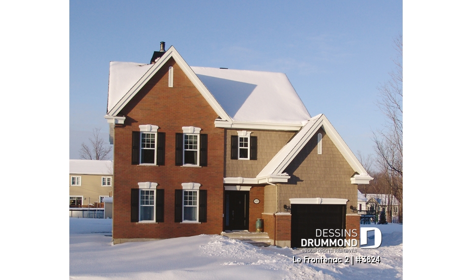 Vue avant - MODÈLE DE BASE - Plan de maison à étage avec garage, foyer deux faces, 3 chambres, 2 salles de bain, garde-manger - Le Frontenac 2