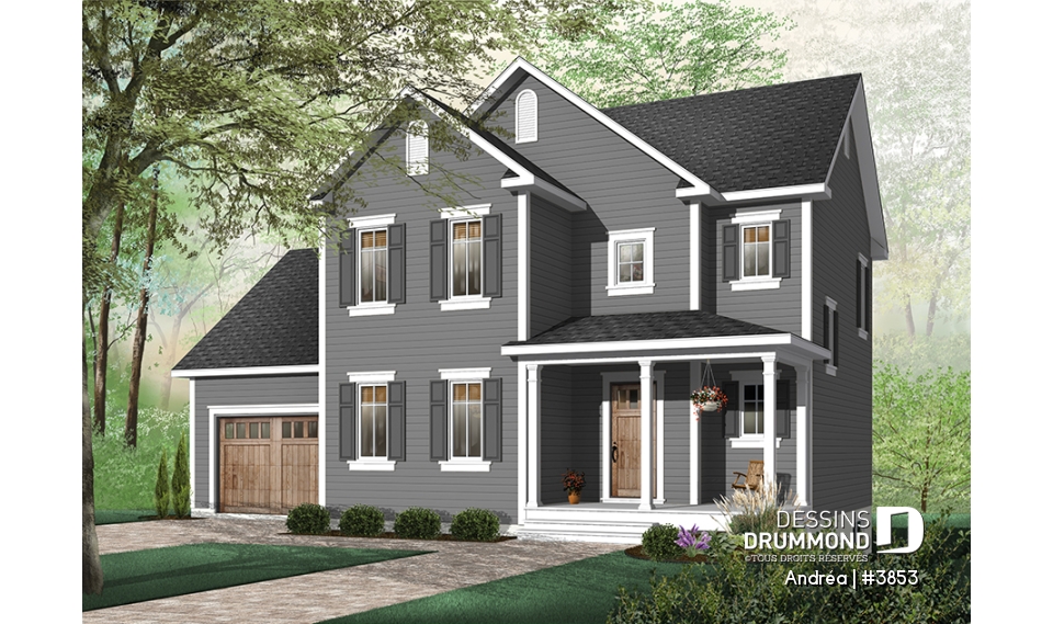 Version couleur no. 2 - Vue avant - Plan de maison à étage avec garage, 3 chambre, vestibule, grande cuisine, buanderie au r-d-c - Andréa