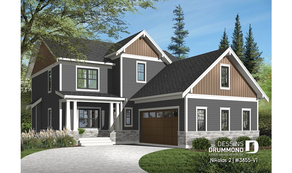 Vue avant - MODÈLE DE BASE - Plan de maison Farmhouse, 3-4 chambres, chambre parents avec balcon, terrasse, bureau, foyer, buanderie au rdc - Nikolas 2