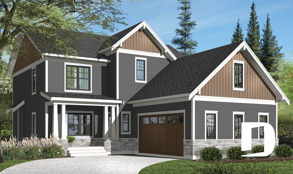 Vue avant - MODÈLE DE BASE - Plan de maison Farmhouse, 3-4 chambres, chambre parents avec balcon, terrasse, bureau, foyer, buanderie au rdc - Nikolas 2