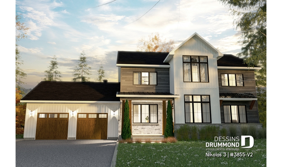 Vue avant - MODÈLE DE BASE - Plan 2 étages de 4 chambres avec garage double, bureau, garde-manger, vestiaire et suite des maîtres - Nikolas 3