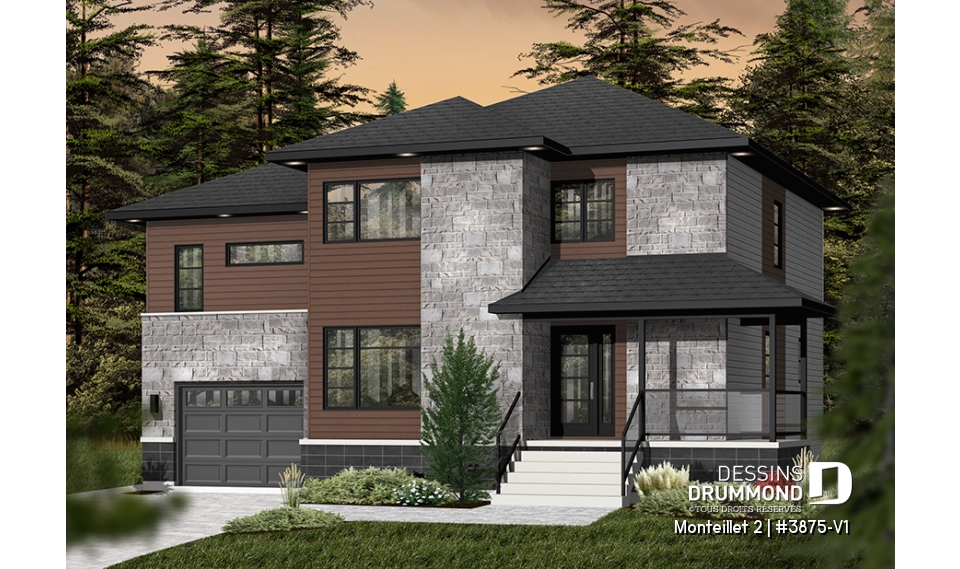 Version couleur no. 1 - Vue avant - Plan de grande maison contemporaine, 4 à 5 chambres, garage avec accès sous-sol, chute à linge, buanderie - Monteillet 2
