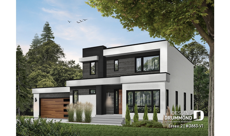 Vue avant - MODÈLE DE BASE - Maison cubique contemporaine avec garage double, 3 chambres, bureau à domicile, buanderie, balcons couverts - Essex 2