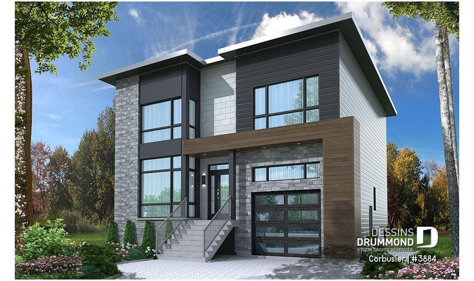 Vue avant - MODÈLE DE BASE - Modèle contemporain, 4 chambres, 3 salles de bain, bureau à domicile, grande cuisine et aire ouverte - Corbusier