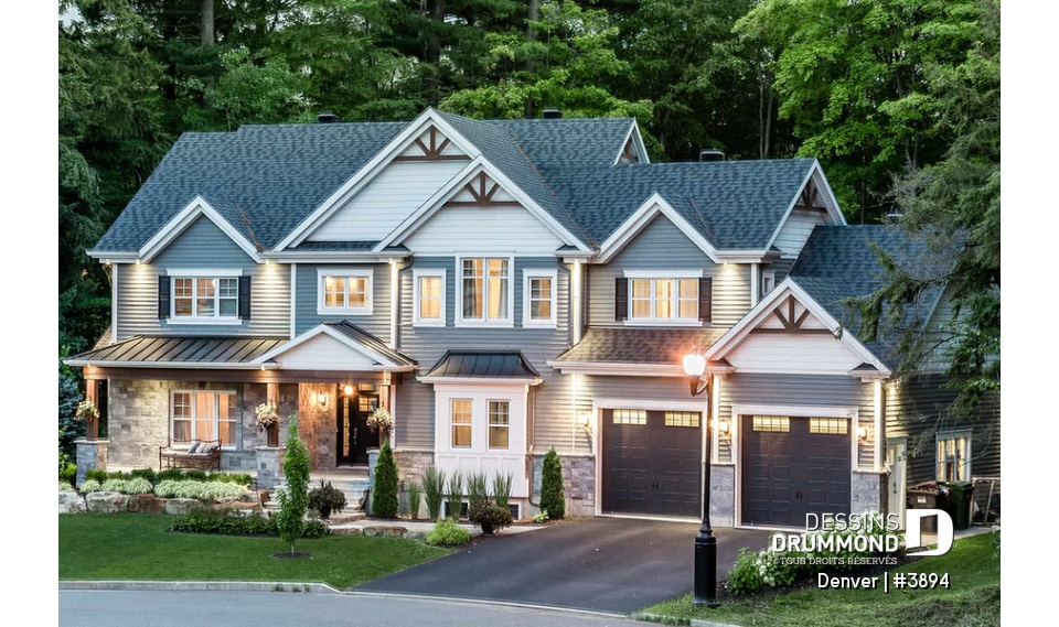 Vue avant - MODÈLE DE BASE - Plan de maison 4 à 7 chambres possible, cuisine avec îlot et garde-manger x-large, terrain basket intérieur - Denver