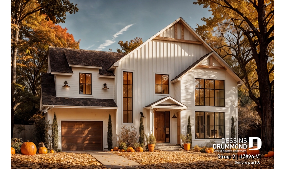 Vue avant - MODÈLE DE BASE - Maison Farmhouse avec plancher versatile de 3 à 6 chambres, s-sol aménagé optionnel ($), terrasse abritée - Strom 2