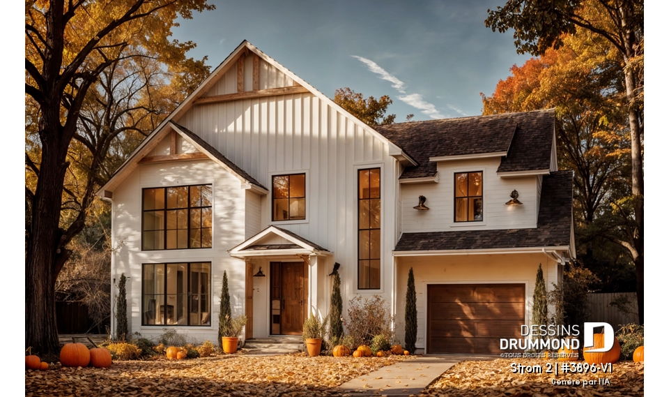 Vue avant - MODÈLE DE BASE - Maison Farmhouse avec plancher versatile de 3 à 6 chambres, s-sol aménagé optionnel ($), terrasse abritée - Strom 2