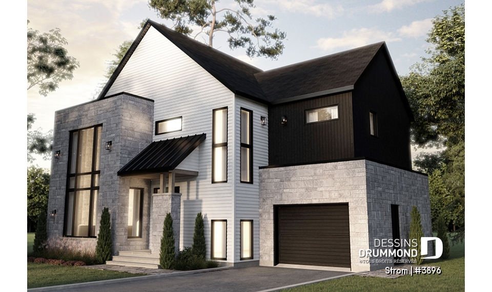 Version couleur no. 1 - Vue avant - Plan de maison contemporaine d'inspiration scandinave 3 chambres, 2.5 s.bain, garage, garde-manger, vestiaire - Strom