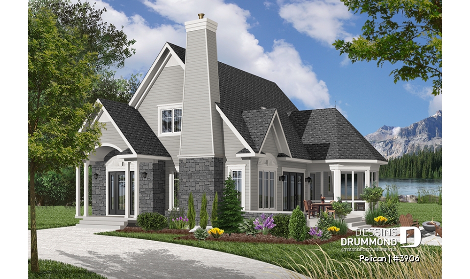 Version couleur no. 1 - Vue avant - Plan de maison style chalet, 3 chambres, 2 salles de bain, vestibule fermé, salle de séjour avec foyer - Pelican
