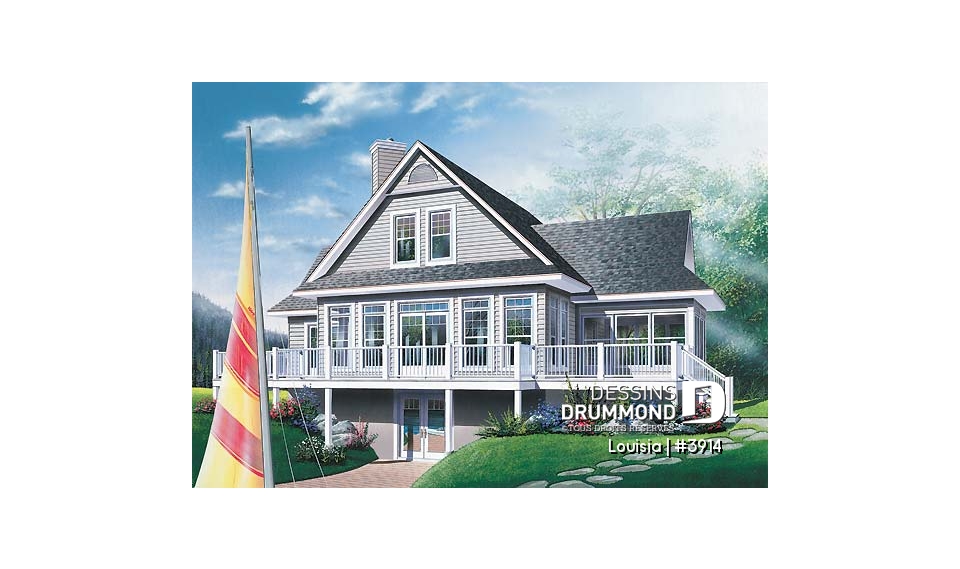 Vue arrière - MODÈLE DE BASE - Plan de chalet avec grande terrasse, 3 chambres, chambre parents rdc, abri moustiquaire et foyer deux faces - Louisia