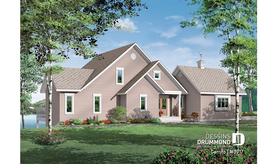 Vue avant - MODÈLE DE BASE - Plan maison bord de l'eau, 2 à 4 chambres, garage, solarium, plafond cathédrale, foyer, grand balcon - Cerrito