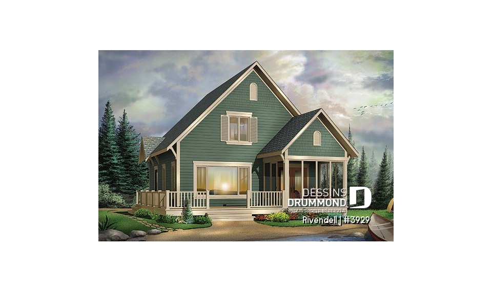 Vue avant - MODÈLE DE BASE - Plan de petit chalet (ski), rangement ski à l'entrée, 3 chambres, abri moustiquaire, îlot, 2 salles de bain - Rivendell