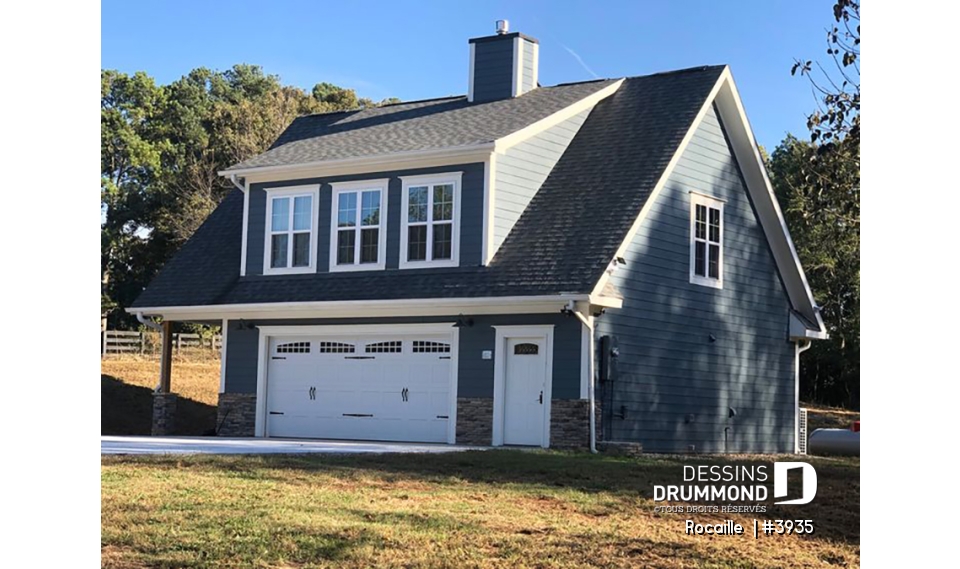 Vue avant - MODÈLE DE BASE - Plan de garage avec logement 2 chambres, 2 salles de bain, espace ouvert, plafond cathédral, foyer - Rocaille 